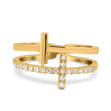 Sideways Cross Ring Round Simulated Cubic Zirconia 925 Sterling Silver
