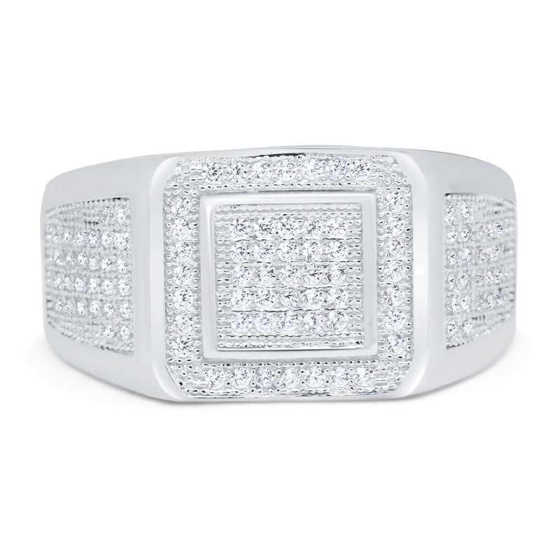 Micro Pave Men Ring Band Round Simulated Cubic Zirconia 925 Sterling Silver (12mm)