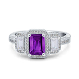 Emerald Cut Halo Engagement Ring Simulated Cubic Zirconia 925 Sterling Silver