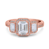 Emerald Cut Halo Engagement Ring Simulated Cubic Zirconia 925 Sterling Silver