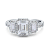 Emerald Cut Halo Engagement Ring Simulated Cubic Zirconia 925 Sterling Silver