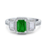 Emerald Cut Halo Engagement Ring Simulated Cubic Zirconia 925 Sterling Silver