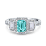 Emerald Cut Halo Engagement Ring Simulated Cubic Zirconia 925 Sterling Silver