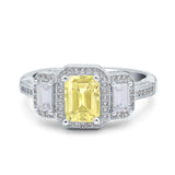 Emerald Cut Halo Engagement Ring Simulated Cubic Zirconia 925 Sterling Silver