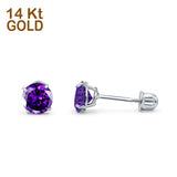 14k White Gold Round Solitaire Stud Earrings with Screw Back Simulated Amethyst Cubic Zirconia