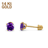 14k Yellow Gold Round Solitaire Stud Earrings with Screw Back Simulated Amethyst Cubic Zirconia