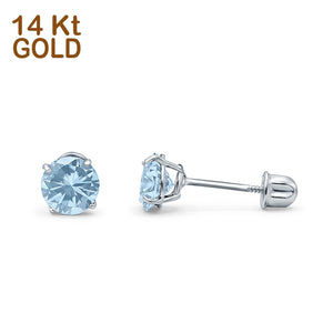 14k White Gold Round Solitaire Stud Earrings with Screw Back Simulated Aquamarine Cubic Zirconia