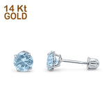 14k White Gold Round Solitaire Stud Earrings with Screw Back Simulated Aquamarine Cubic Zirconia