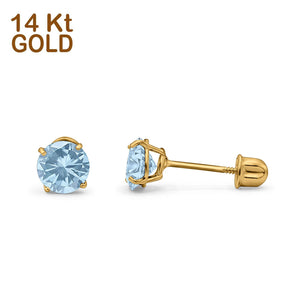 14k Yellow Gold Round Solitaire Stud Earrings with Screw Back Simulated Aquamarine Cubic Zirconia