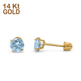 14k Yellow Gold Round Solitaire Stud Earrings with Screw Back Simulated Aquamarine Cubic Zirconia