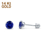 14k White Gold Round Solitaire Stud Earrings with Screw Back Simulated Blue Sapphire Cubic Zirconia