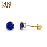 14k Yellow Gold Round Solitaire Stud Earrings with Screw Back Simulated Blue Sapphire Cubic Zirconia