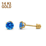 14k Yellow Gold Round Solitaire Stud Earrings with Screw Back Simulated Blue Topaz Cubic Zirconia