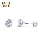 14k White Gold Round Solitaire Stud Earrings with Screw Back Simulated Cubic Zirconia