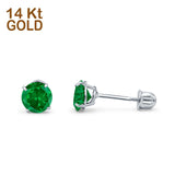 14k White Gold Round Solitaire Stud Earrings with Screw Back Simulated Green Emerald Cubic Zirconia