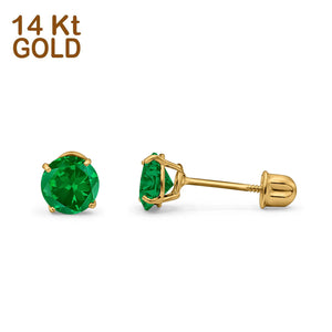 14k Yellow Gold Round Solitaire Stud Earrings with Screw Back Simulated Green Emerald Cubic Zirconia