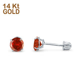 14k White Gold Round Solitaire Stud Earrings with Screw Back Simulated Garnet Cubic Zirconia