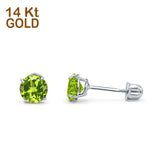 14k White Gold Round Solitaire Stud Earrings with Screw Back Simulated Peridot Cubic Zirconia