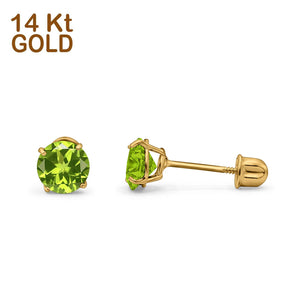 14k Yellow Gold Round Solitaire Stud Earrings with Screw Back Simulated Peridot Cubic Zirconia