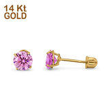 14k Yellow Gold Round Solitaire Stud Earrings with Screw Back Simulated Pink Cubic Zirconia