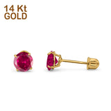 14k Yellow Gold Round Solitaire Stud Earrings with Screw Back Simulated Ruby Cubic Zirconia