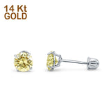 14k White Gold Round Solitaire Stud Earrings with Screw Back Simulated Yellow Cubic Zirconia