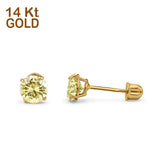 14k Yellow Gold Round Solitaire Stud Earrings with Screw Back Simulated Yellow Cubic Zirconia