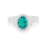 Halo Filigree Oval Wedding Ring Round Simulated Cubic Zirconia 925 Sterling Silver
