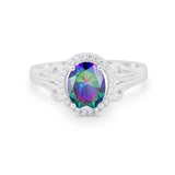 Halo Filigree Oval Wedding Ring Round Simulated Cubic Zirconia 925 Sterling Silver