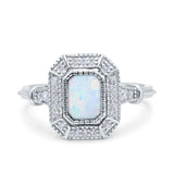 Radiant Cut Wedding Engagement Bridal Ring Lab Created Opal Round Simulated Cubic Zirconia 925 Sterling Silver