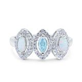 Halo Marquise Art Deco Three Stone Wedding Bridal Ring Created White Opal Round Simulated Cubic Zirconia 925 Sterling Silver