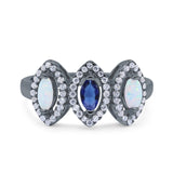 Halo Marquise Art Deco Three Stone Wedding Bridal Ring Created White Opal Round Simulated Cubic Zirconia 925 Sterling Silver