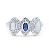 Halo Marquise Art Deco Three Stone Wedding Bridal Ring Created White Opal Round Simulated Cubic Zirconia 925 Sterling Silver