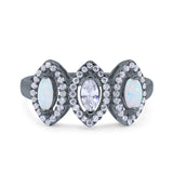 Halo Marquise Art Deco Three Stone Wedding Bridal Ring Created White Opal Round Simulated Cubic Zirconia 925 Sterling Silver