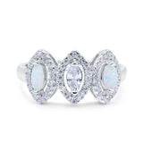 Halo Marquise Art Deco Three Stone Wedding Bridal Ring Created White Opal Round Simulated Cubic Zirconia 925 Sterling Silver