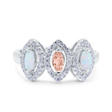 Halo Marquise Art Deco Three Stone Wedding Bridal Ring Created White Opal Round Simulated Cubic Zirconia 925 Sterling Silver