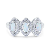 Halo Marquise Art Deco Three Stone Wedding Bridal Ring Created White Opal Round Simulated Cubic Zirconia 925 Sterling Silver