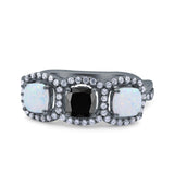 Halo Cushion Art Deco Three Stone Wedding Bridal Ring Created White Opal Round Simulated Cubic Zirconia 925 Sterling Silver