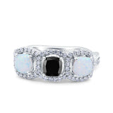 Halo Cushion Art Deco Three Stone Wedding Bridal Ring Created White Opal Round Simulated Cubic Zirconia 925 Sterling Silver