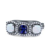 Halo Cushion Art Deco Three Stone Wedding Bridal Ring Created White Opal Round Simulated Cubic Zirconia 925 Sterling Silver