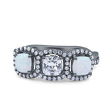 Halo Cushion Art Deco Three Stone Wedding Bridal Ring Created White Opal Round Simulated Cubic Zirconia 925 Sterling Silver