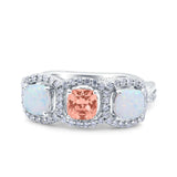 Halo Cushion Art Deco Three Stone Wedding Bridal Ring Created White Opal Round Simulated Cubic Zirconia 925 Sterling Silver