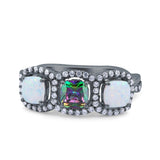 Halo Cushion Art Deco Three Stone Wedding Bridal Ring Created White Opal Round Simulated Cubic Zirconia 925 Sterling Silver