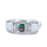 Halo Cushion Art Deco Three Stone Wedding Bridal Ring Created White Opal Round Simulated Cubic Zirconia 925 Sterling Silver