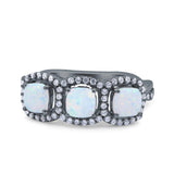 Halo Cushion Art Deco Three Stone Wedding Bridal Ring Created White Opal Round Simulated Cubic Zirconia 925 Sterling Silver