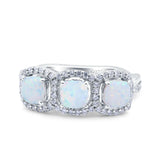 Halo Cushion Art Deco Three Stone Wedding Bridal Ring Created White Opal Round Simulated Cubic Zirconia 925 Sterling Silver