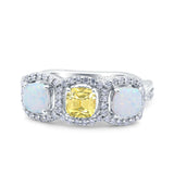 Halo Cushion Art Deco Three Stone Wedding Bridal Ring Created White Opal Round Simulated Cubic Zirconia 925 Sterling Silver