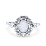 Halo Art Deco Wedding Engagement Ring Lab Created White Opal Round Simulated Cubic Zirconia 925 Sterling Silver