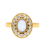 Halo Art Deco Wedding Engagement Ring Lab Created White Opal Round Simulated Cubic Zirconia 925 Sterling Silver