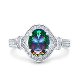 Oval Art Deco Wedding Engagement Bridal Ring Accent Vintage Round Simulated Cubic Zirconia 925 Sterling Silver